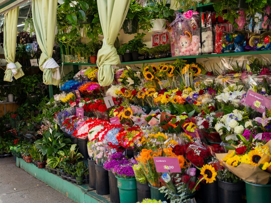 A vibrant floral display outside a florist shop featuring a wide variety of fresh flowers arranged in bouquets and potted plants. Prominent sunflowers with bright yellow petals and dark centers stand 